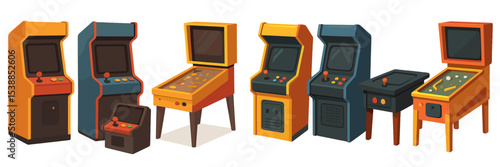 Collection of colorful vintage arcade machines in a retro gaming setup showcasing different styles and designs