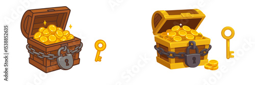 Treasure chests filled with gold coins and a key, symbolizing adventure and discoverable wealth