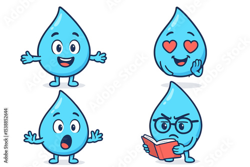 Fun and expressive cartoon water droplets showing various emotions and activities in a playful design