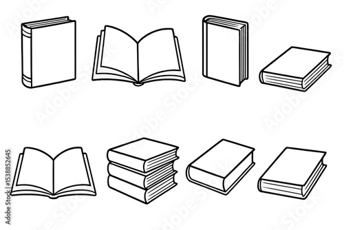 Variety of books displayed in simple black and white illustrations for educational purposes