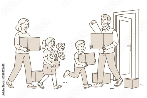 Family moving boxes into new home with plants and excitement on a sunny day