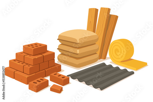 Building materials including bricks, wood, walls, and rolls displayed for construction purposes