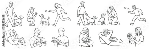 People enjoying various activities with dogs and cats in a lively park during a sunny day