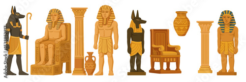 Ancient Egyptian art featuring gods, pharaohs, and iconic symbols in a colorful, stylized depiction