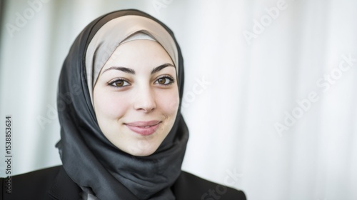 Elegant woman in a dark gray and light beige headscarf with striking brown eyes, long lashes, and a gentle smile, wearing a dark top against a softly blurred light-toned curtain backdrop.