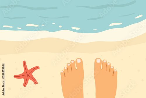 female feet on the tropical beach and star fish, top view; perfect for summer-themed designs, travel agency promotions, orsocial media posts evoking a relaxed seaside vibe - vector illustration