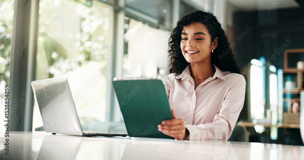 Finance, smile and tablet with business woman in office for review of account, information or report. App, development and investment with financial analyst at desk in workplace for wealth management Finance, smile and tablet with business woman in office for review of account, information or report. App, development and investment with financial analyst at desk in workplace for wealth management