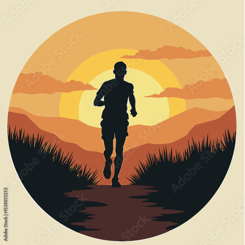 Runner jogging on a path during sunset in a mountainous landscape  