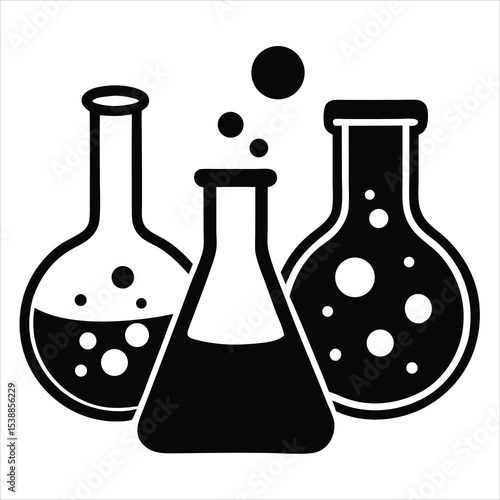 Laboratory flask and beaker vector illustration with chemical liquid and bubbles for science and research concept