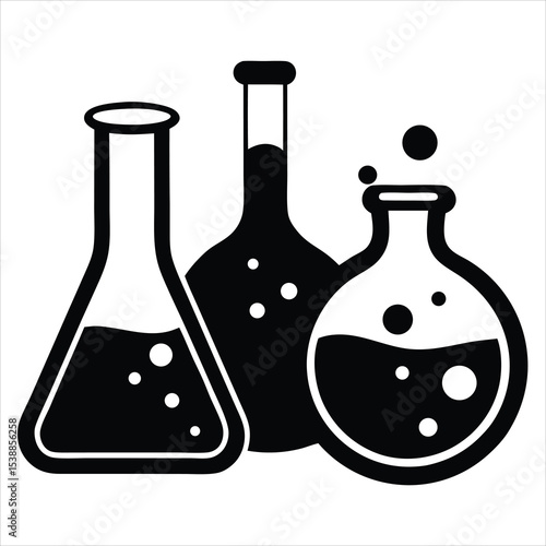 Laboratory flask and beaker vector illustration with chemical liquid and bubbles for science and research concept