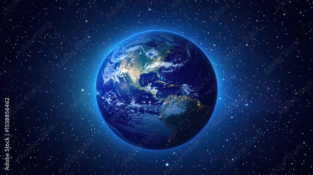 A vibrant, detailed depiction of Earth from space, illuminated with a soft glow against a backdrop of a star-studded night sky, showcasing the planet's continents and cloud formations A vibrant, detailed depiction of Earth from space, illuminated with a soft glow against a backdrop of a star-studded night sky, showcasing the planet's continents and cloud formations