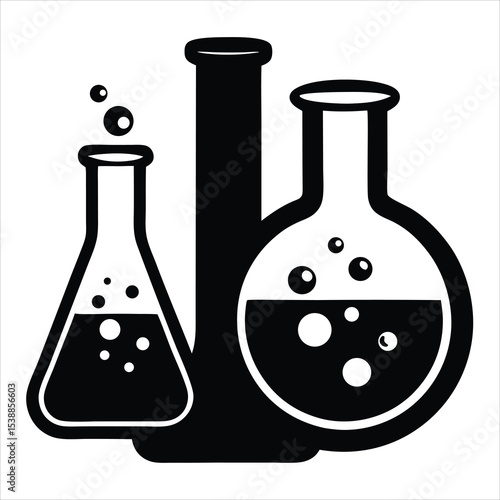 Laboratory flask and beaker vector illustration with chemical liquid and bubbles for science and research concept