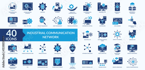 Industrial communication network icon collection set with augmented reality, distributed control, real time data, monitoring system, digital transformation