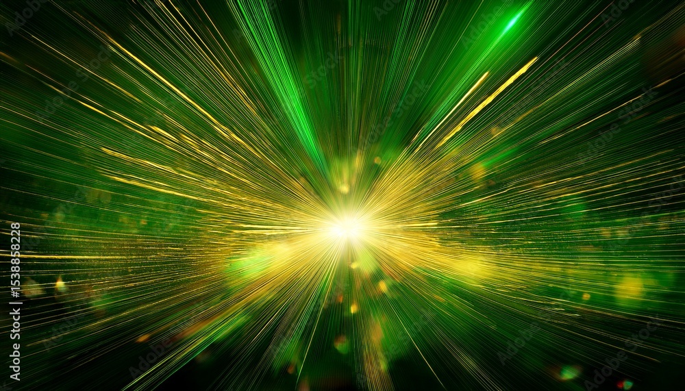 Obraz premium asymmetric green light burst abstract beautiful rays of lights on dark green background with the color of green and yellow golden green sparkling backdrop with copy space
