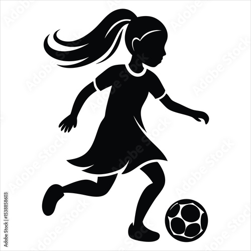 Female soccer player silhouette vector illustration with a girl playing football and dribbling a ball for sports design