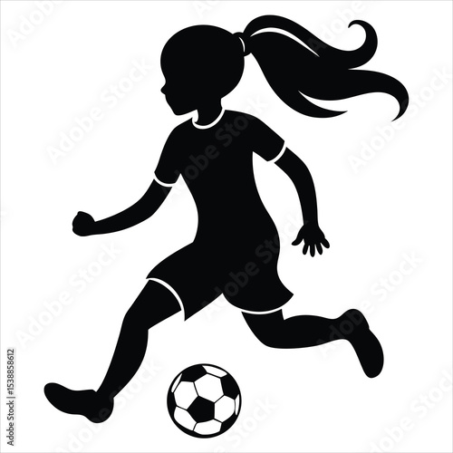 Female soccer player silhouette vector illustration with a girl playing football and dribbling a ball for sports design