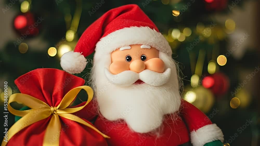 Festive Santa Claus Holding Red Gift Bag with Golden Ribbon and Christmas Tree Background Festive Santa Claus Holding Red Gift Bag with Golden Ribbon and Christmas Tree Background