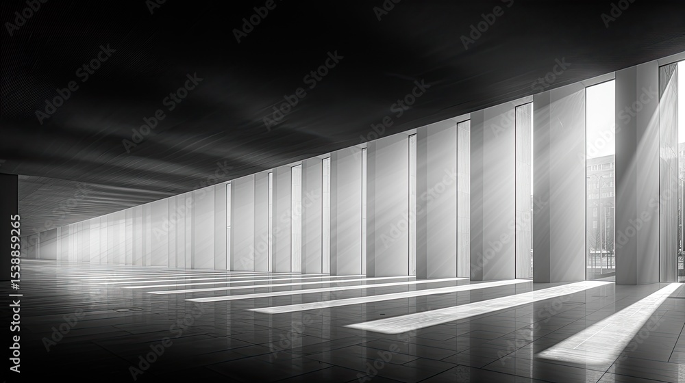 Obraz premium Vertical view of a minimal space emphasizing ceiling height, white walls and ambient daylight