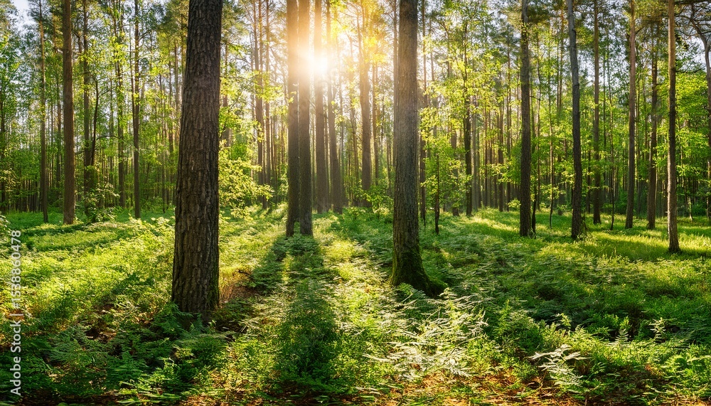 Fototapeta premium panorama of a wild forest in summer with bright sun shining through the trees