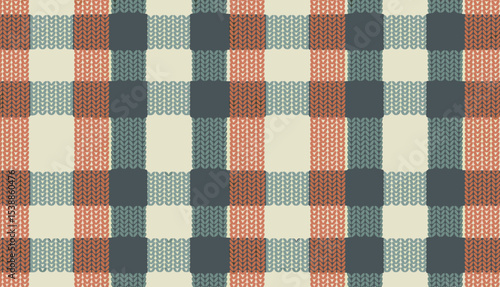 Seamless cozy plaid flat vector pattern with knit-style texture in icy grey, faded navy and cinnamon brown tones