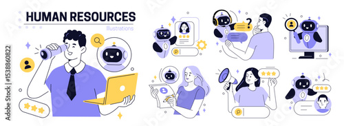 Artificial intelligence in hiring set. Characters use ai recruitment tools for business process, job searching, interview, cv writing. Human recourses concept. Vector illustration.