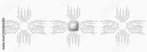 Set of hi-tech microchips connected to a futuristic circuit network on white background. Technology, computing and electronics elements. Futuristic semiconductors. Vector illustration.