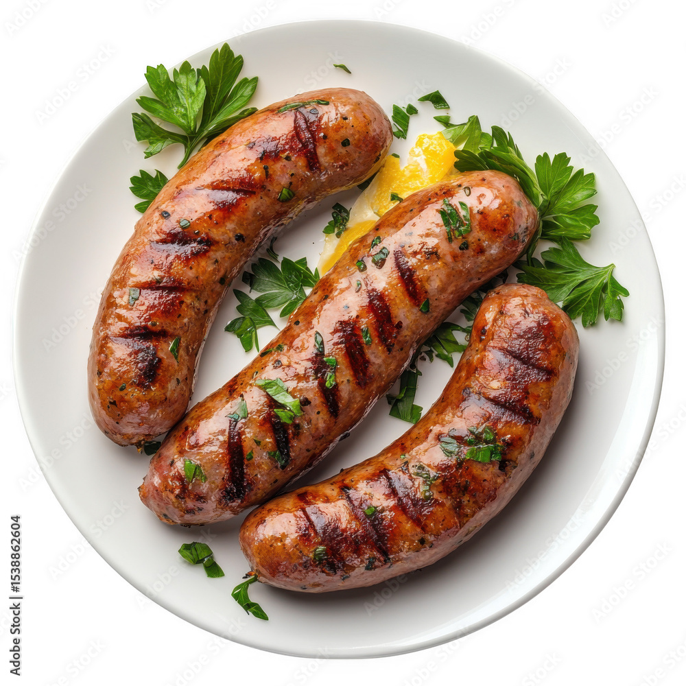 grilled sausage on plate top view grilled sausage on plate top view
