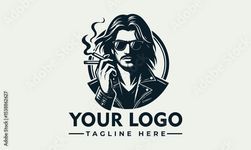 Stylish logo featuring a long-haired man in sunglasses, smoking a cigarette, wearing a leather jacket.