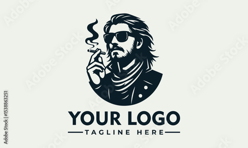Illustration of a man with long hair and sunglasses smoking a cigarette, set against a circular background.
