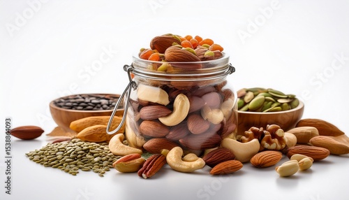 mixed variety of nuts and seeds in a glass jar on white background