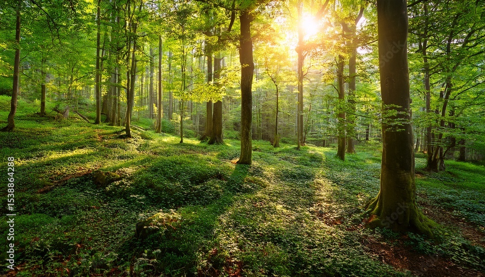 Fototapeta premium serene forest with sunlight filtering through vibrant green leaves creating peaceful atmosphere