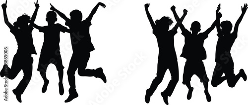 Sets of Three young children joyfully jump into the air, a group of happy jumping children, vector