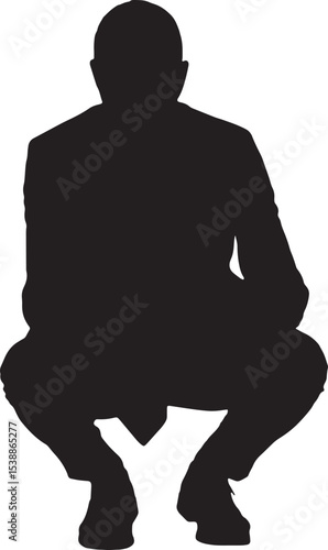 vector; silhouette of a front view of squatting man dressed in suit and tie