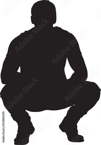 vector; silhouette of a front view of squatting man looking at camera