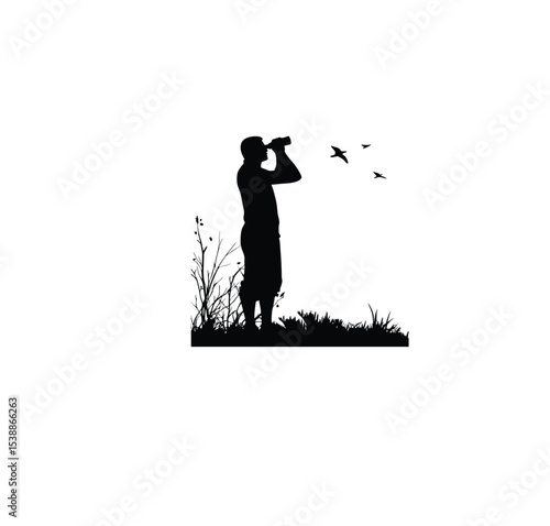 man with binoculars birdwatching silhouette on white background