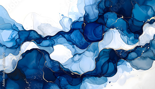 Abstract Blue Ink Wash Painting with Gold Accents Fluid Art Background