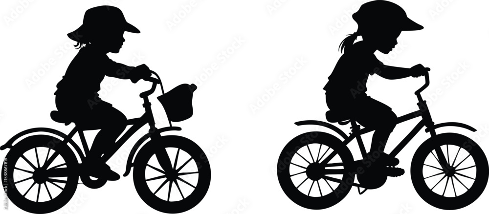 Obraz premium Silhouette of two children joyfully riding bicycles, vector illustration