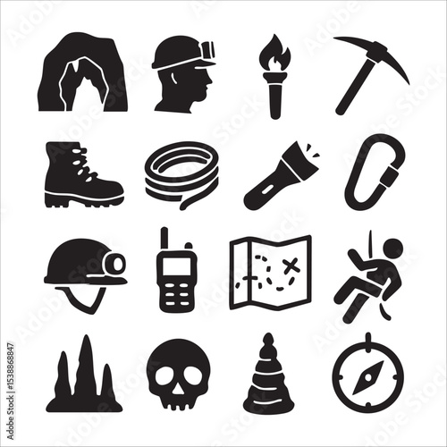 Black silhouette icons depicting caving and spelunking equipment and geological features.