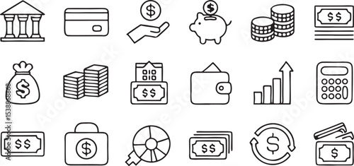 Finance Banking Line Icons Editable Black Vector with Money Wallet and Budget