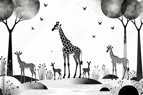 Black and White Giraffe Landscape-Unique Giraffe Illustration-African Wildlife Art Print-Stylish Home Decor-Modern Animal Artwork-Giraffe Family Drawing