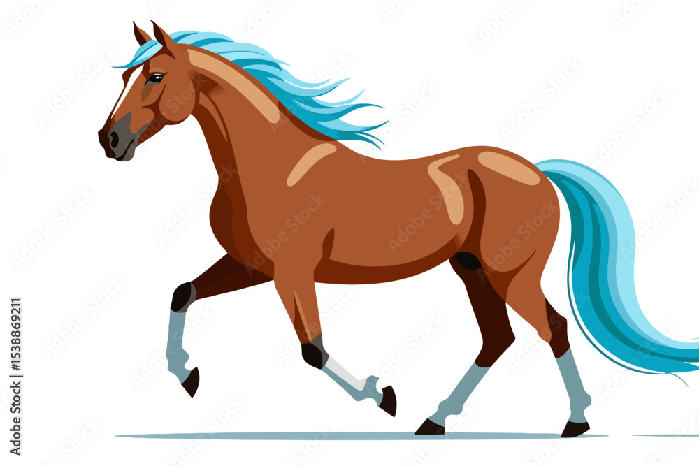 Obraz premium Cartoon Horse Vector Illustration-Beautiful Brown Horse with Blue Mane and Tail Running-Animal Art Print for Kids Room Decor-Fantasy Horse Image