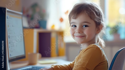 Happy Child Using Computer  Online Learning  Kid Smiling