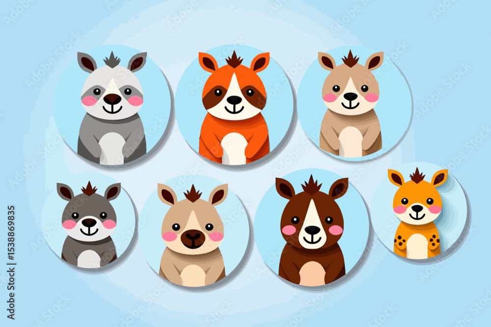 Fototapeta premium Cute Animal Cartoon Characters-Smiling Mammals in Circles-Adorable Vector Illustrations-Animal Clip Art-Baby Shower Decoration-Childrens Book Illustration