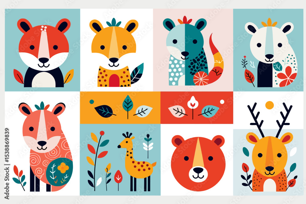 Obraz premium Cute Animal Illustration - Whimsical Designs with Foxes Bears Deer and a Giraffe - Perfect for Children's Decor and Creative Projects