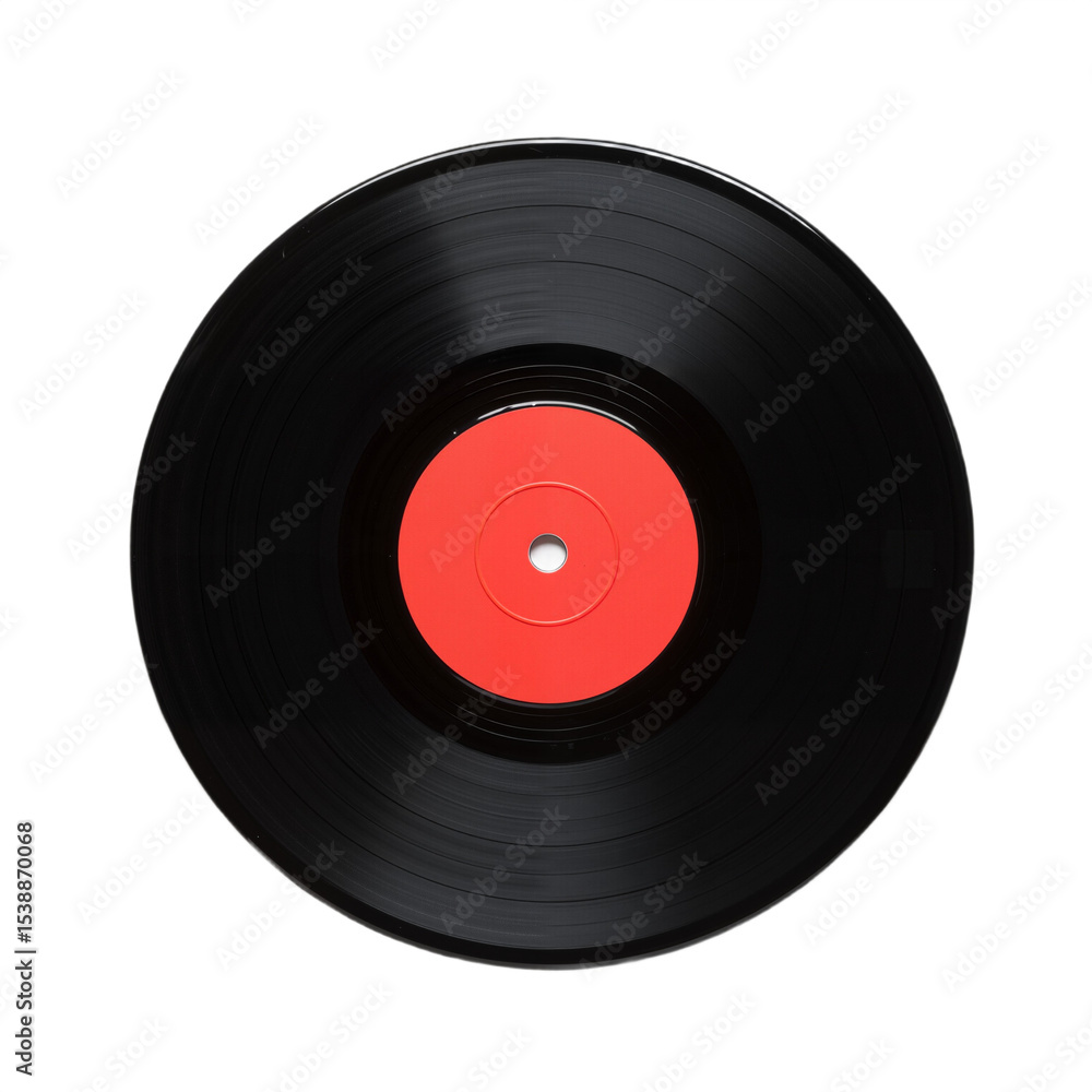 A close-up of a vinyl record displaying a distinct red spot on the front. A close-up of a vinyl record displaying a distinct red spot on the front.