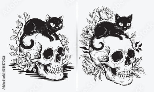 Black Cat Sitting on Skull with Roses, Vintage Tattoo Design, Gothic Art Illustration, Black and White