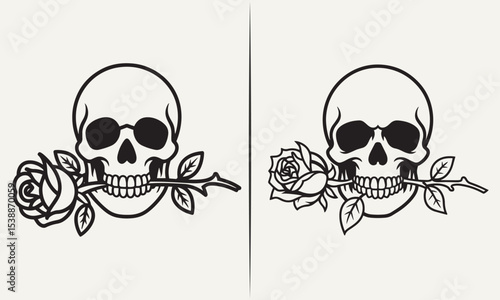 Skull with Rose Stem in Mouth, Tattoo-Inspired Art, Black and White Minimalist Illustration