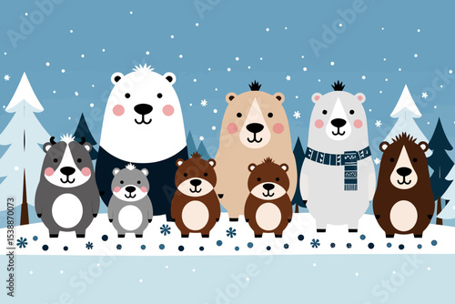 Cute Cartoon Bear Family in Winter Wonderland-Adorable Bear Cubs in Snowy Scene-Illustrations for Kids-Winter Holiday Graphic-Fun Bear Design