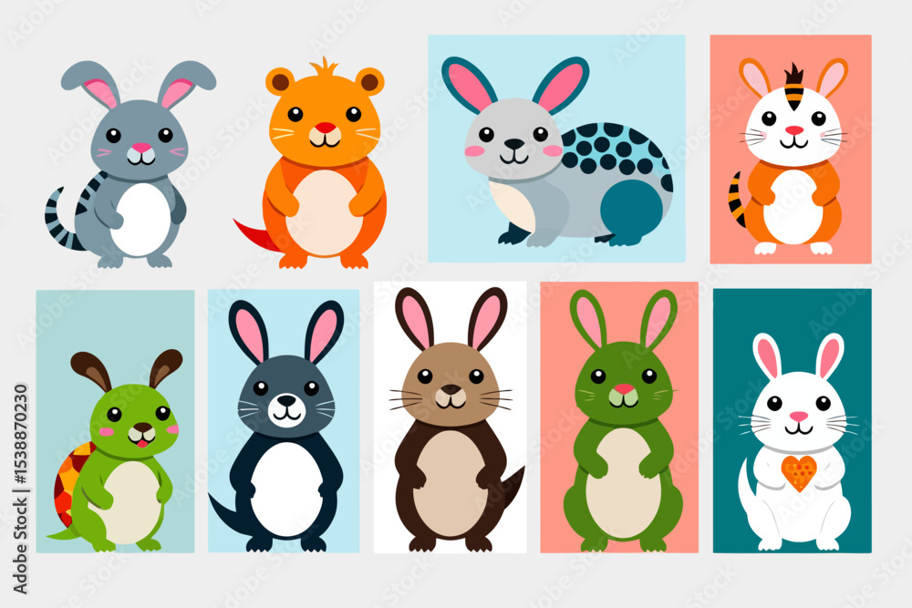 Fototapeta premium Cute Cartoon Rabbits Clipart Collection - Adorable Bunny Illustrations for Kids - Easter Rabbit Characters - Perfect for Graphic Design Projects - Colorful Animal Vectors
