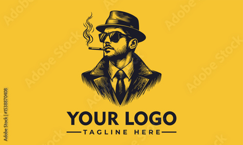 Illustration of a man in a hat and sunglasses smoking a cigar against a yellow background.